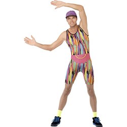 Smiffy's Adult men's Aerobics Instructor Costume, Bodysuit, Hat and Bum Bag, Back to the 90's, Serious Fun, Size M, 23696