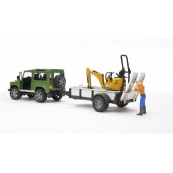 Bruder Land Rover Defender with One Axle Trailer, JCB Micro Excavator and Worker