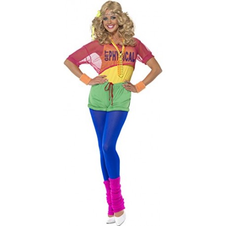 Smiffy's Adult Women's Let's Get Physical Girl Costume, Leotard, Crop Top, Shorts and Headband, Back to the 80's, Serious Fun, S