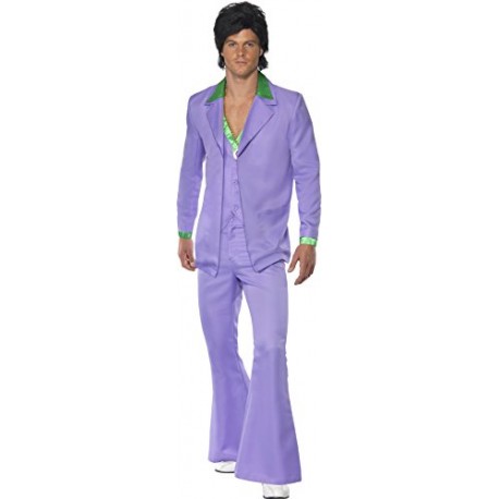 Smiffy's Adult men's Levender 1970's Suit Costume, Jacket With Mock Shirt and Waistcoat and trousers, 70 Disco, Serious Fun, Siz