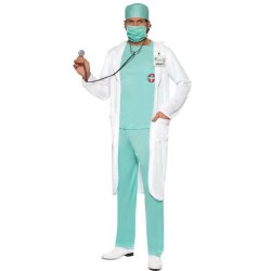 Smiffy's Adult Men's Doctor Costume, Top, trousers, Hat, Mask, Clear Name Tag and Coat, Accident and Emergency, Serious Fun, Siz