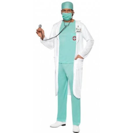 Smiffy's Adult Men's Doctor Costume, Top, trousers, Hat, Mask, Clear Name Tag and Coat, Accident and Emergency, Serious Fun, Siz