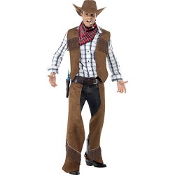 Smiffy's Adult Men's Fringe Cowboy Costume, Waistcoat, Chaps, Neckerchief and Hat, Western, Serious Fun, Size M, 22656