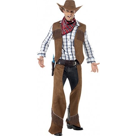 Smiffy's Adult Men's Fringe Cowboy Costume, Waistcoat, Chaps, Neckerchief and Hat, Western, Serious Fun, Size M, 22656