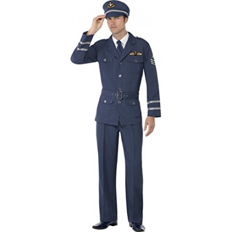Smiffy's Adult Men's WW2 Air Force Captain Costume, trousers, Jacket, Hat and Tie, Wartime 40's, Serious Fun, Size M, 38830