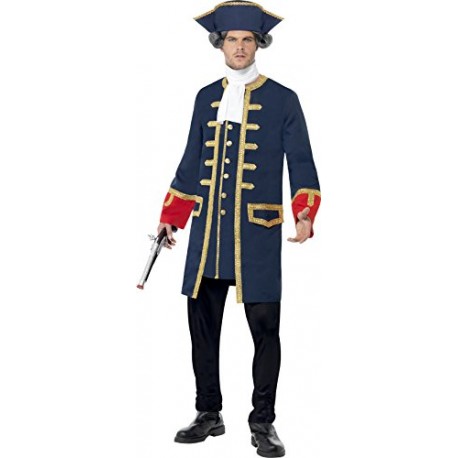 Smiffy's Adult Men's Pirate Commander Costume, Blue, with Coat, Cravat and Hat, Pirate, Serious Fun, Size L, 24168