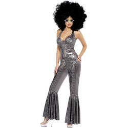 Smiffy's Adult Women's Disco Diva Costume, Flared Jumpsuit, 70 Disco, Serious fun, Size