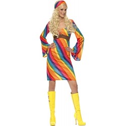 Smiffy's Adult Women's Rainbow Hippie Costume, Dress and Headband, 70's Disco, Serious Fun, Size