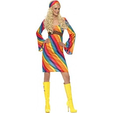 Smiffy's Adult Women's Rainbow Hippie Costume, Dress and Headband, 70's Disco, Serious Fun, Size