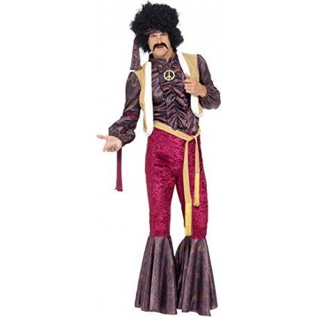 Smiffy's Adult Men's 70's Psychedelic Rocker Costume, flares, top with attached waistcoat and headpiece, 70 Disco, Serious Fun, 