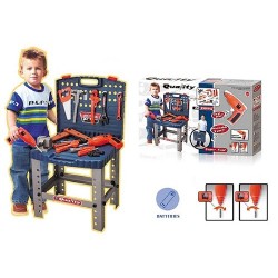 deAO Workshop and Tools Carrycase Playset Mechanic Work Bench with Fold Up Design Includes Multiple Accessories and Electric Dri