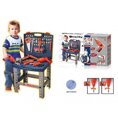 deAO Workshop and Tools Carrycase Playset Mechanic Work Bench with Fold Up Design Includes Multiple Accessories and Electric Dri