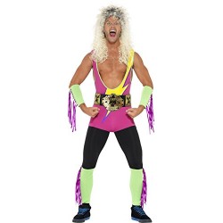 Smiffy's Adult men's Retro Wrestler Costume, Bodysuit, Belt, Arm and Leg Cuffs,Back to the 90's, Serious Fun, Size M, 27561
