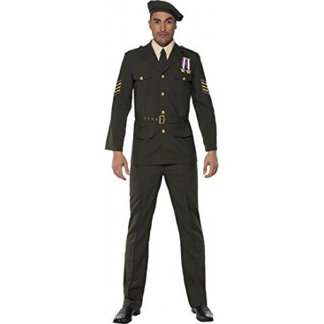 Smiffy's Adult men's Wartime Officer Costume, Beret, Tie, trousers, Belt and Jacket, Troops, Serious Fun, Size M, 35334