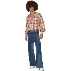 Smiffy's Adult Men's 1970's Retro Costume, Shirt and Patchwork Denim, 70 Disco, Serious Fun, Size