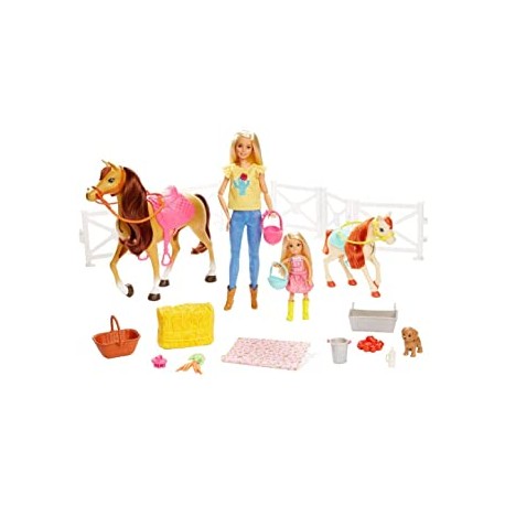 Barbie GLL70 Hugs ‘n’ Horses Play Set with Barbie (Blonde), Chelsea, Horse and Pony, for 3 Years Up, Subject to Variations in Pa