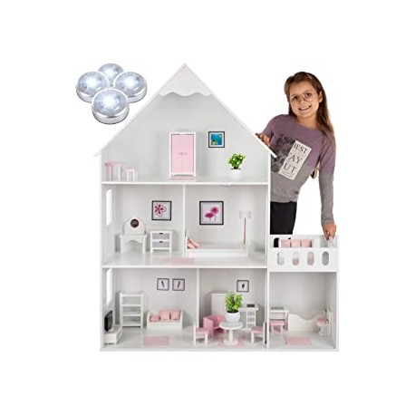 Kinderplay GS0023B Large Wooden Barbie Doll&#x27;s House Wooden Version with Pink Accessories, 38 Accessories Included, Wooden B