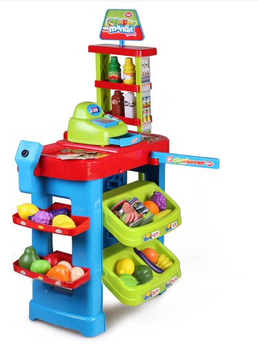 deAO Supermarket Kids Market Stall Toy Shop with Shopping Trolley And Play Food