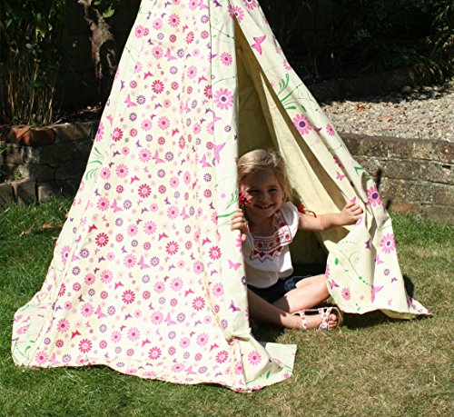 Garden Games Limited Girl's Flower Butterfly Wigwam Play Tent Teepee with Wooden Frame and Cotton Canvas Pink