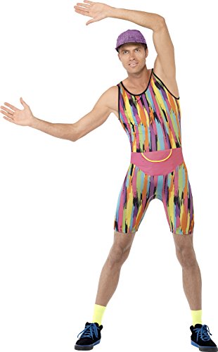 Smiffy's Adult men's Aerobics Instructor Costume, Bodysuit, Hat and Bum Bag, Back to the 90's, Serious Fun, Size M, 23696