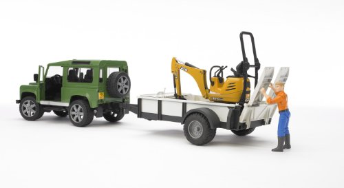 Bruder Land Rover Defender with One Axle Trailer, JCB Micro Excavator and Worker