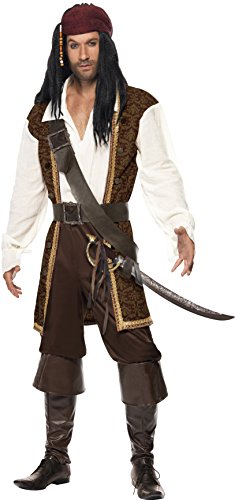 Smiffy's Adult Men High Seas Pirate Costume, Top, Short trousers, Baldric, Belt and Headscarf, Pirate, Serious Fun, Size M, 26224
