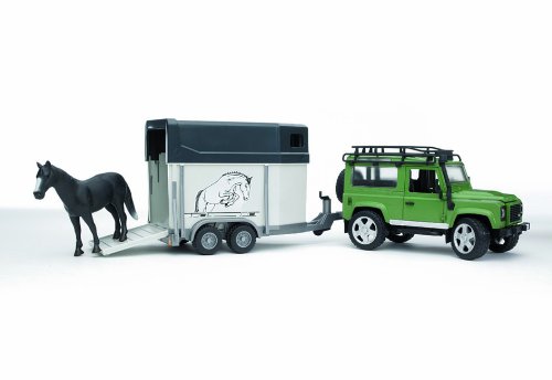 Bruder Land Rover Defender Station Wagon with Horse Trailer and Horse