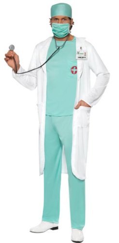 Smiffy's Adult Men's Doctor Costume, Top, trousers, Hat, Mask, Clear Name Tag and Coat, Accident and Emergency, Serious Fun, Size M, 39482