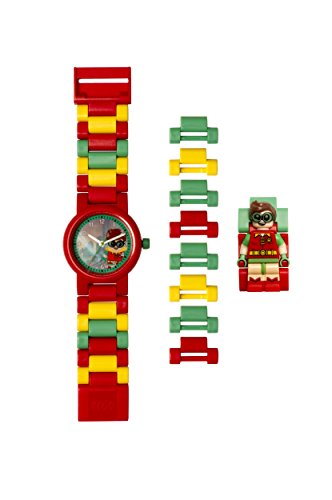 DC Comics Lego Batman Movie Robin Kids Minifigure Link Buildable Watch | Red/Green | Plastic | 28Mm Case Diameter| Analogue Quartz | Boy Girl | Official