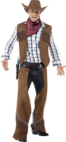 Smiffy's Adult Men's Fringe Cowboy Costume, Waistcoat, Chaps, Neckerchief and Hat, Western, Serious Fun, Size M, 22656