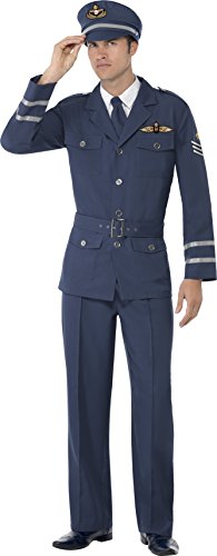 Smiffy's Adult Men's WW2 Air Force Captain Costume, trousers, Jacket, Hat and Tie, Wartime 40's, Serious Fun, Size M, 38830