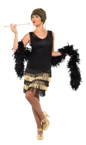 Smiffy's Adult Women's 1920 Fringed Flapper Costume, Dress with Lace Front and Beaded Fringing, 20's Razzle Dazzle, Size