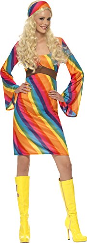 Smiffy's Adult Women's Rainbow Hippie Costume, Dress and Headband, 70's Disco, Serious Fun, Size