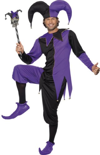 Smiffy's Adult Men's Medieval Jester Costume, Top with Attached Neck Piece, trousers and Hat, Tales of Old England, Serious Fun, Size M, 33721