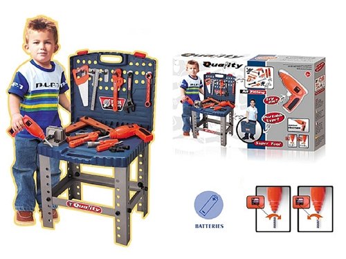 deAO Workshop and Tools Carrycase Playset Mechanic Work Bench with Fold Up Design Includes Multiple Accessories and Electric Drill