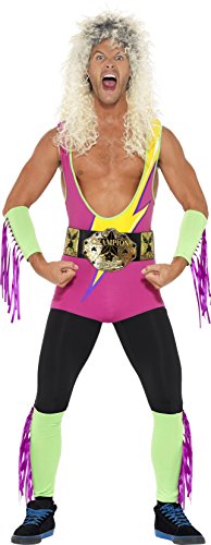 Smiffy's Adult men's Retro Wrestler Costume, Bodysuit, Belt, Arm and Leg Cuffs,Back to the 90's, Serious Fun, Size M, 27561
