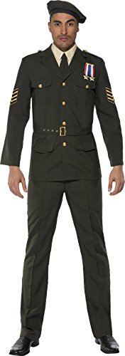 Smiffy's Adult men's Wartime Officer Costume, Beret, Tie, trousers, Belt and Jacket, Troops, Serious Fun, Size M, 35334