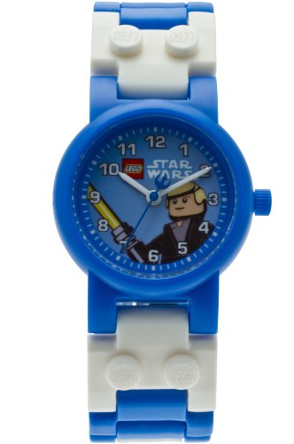 LEGO Star Wars Luke Skywalker Kids Buildable Watch with Link Bracelet and Minifigure | blue/white | plastic | 28mm case diameter| analogue quartz | boy girl | official