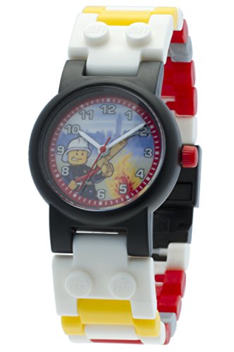 LEGO City Fireman Kids Buildable Watch with Link Bracelet and Minifigure | red/yellow | plastic | 28mm case diameter| analogue quartz | boy girl | official