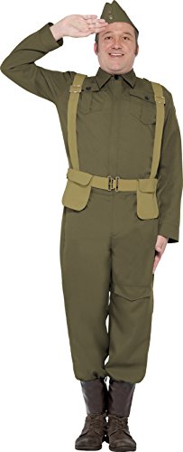 Smiffy's Adult Men's WW2 Home Guard Private Costume, trousers Ankle Covers, Jacket, Hat and Harness Belt, Wartime 40's, Serious Fun, Size L, 22132