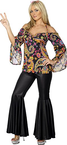 Smiffy's Adult Women's Hippie Costume, Patterned Top and flared trousers, 60's Groovy Baby, Serious Fun, Size