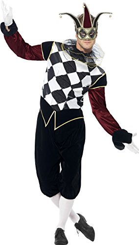 Smiffy's Adult Men's Gothic Venetian Harlequin Costume, Top, trousers and Collar, Carnival of the Damned, Halloween, Size M, 43653