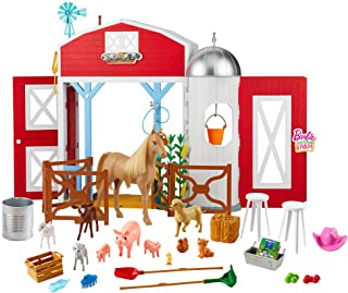 Barbie GJB66 "Fun on the Farm" Horse Farm Playset with Barn, 11 Animals, Great Functions & 15 Pieces, Toy for Children from 3 Years