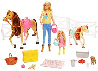 Barbie GLL70 Hugs ‘n’ Horses Play Set with Barbie (Blonde), Chelsea, Horse and Pony, for 3 Years Up, Subject to Variations in Packaging