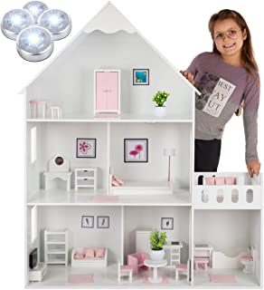 Kinderplay GS0023B Large Wooden Barbie Doll's House Wooden Version with Pink Accessories, 38 Accessories Included, Wooden Barbie House, Model GS0023B, LED Light