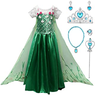 Yosicil Girls' Princess Elsa Costume, Frozen Costume, 2 Elsa Dress, Cosplay Party Dress, Christmas Fancy Dress Set, Halloween Party Green Dress